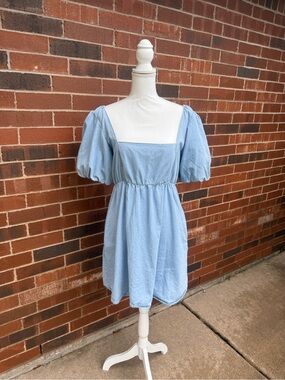 Show Me Your Mumu Smitten Babydoll Dress Sky Blue Puff Sleeve Open Back 2XX